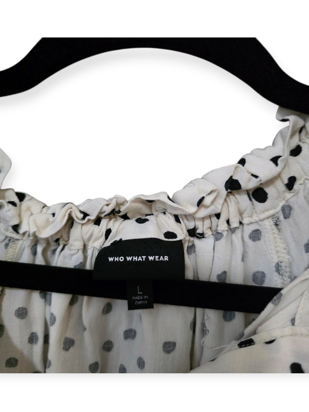 Who What Wear White Black Dalmatian Spot Ruffle Blouse Size L - Picture 3 of 5